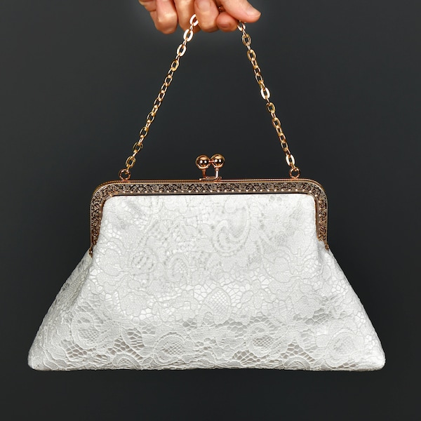 Bridesmaid Kisslock Frame Handbag Clutch Off White Lace, Frame Purse Clutch With Chain Handle, With Rose Gold Frame-COLOR OPTION