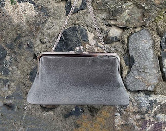 Velvet Evening Handbag Clutch Purse Bag, Kiss Lock frame Handbag Clutch, With Chain Handle & Silver Frame, Silver Gray