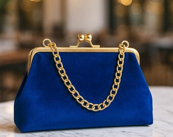 Royal Blue Velvet Shoulder Bag for Wedding and Evening – Kiss Lock