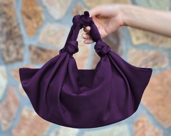 REDESIGNED- Furoshiki Satin Knot Handbag, Small Knot Bag Satin, Special Occasion Clutch Bag, Eggplant, Redish Purple-Color option