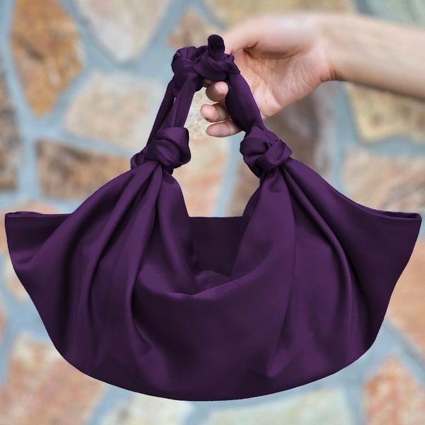 REDESIGNED- Furoshiki Satin Knot Handbag, Small Knot Bag Satin, Special Occasion Clutch Bag, Eggplant, Redish Purple-Color option