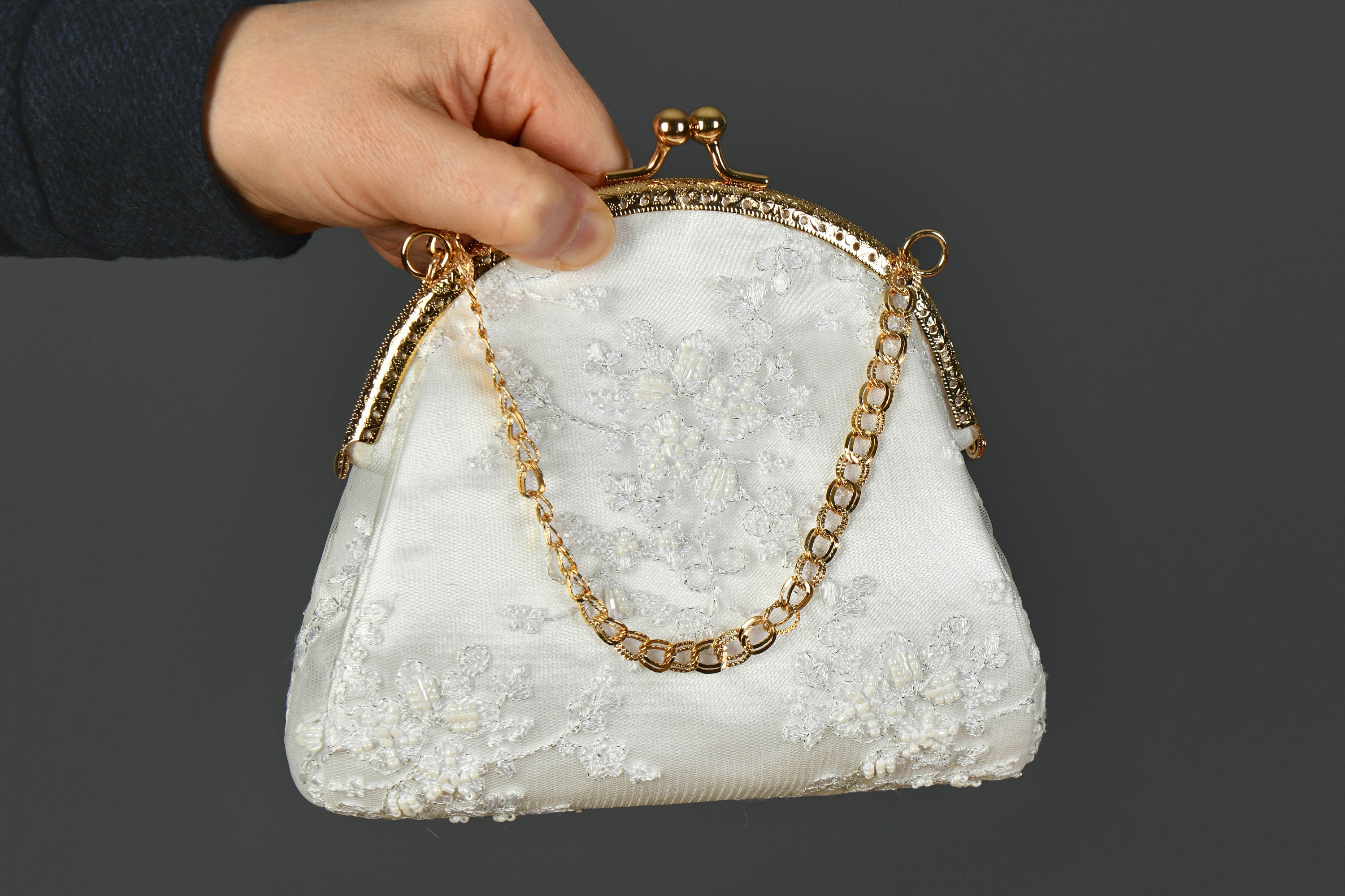 Bridal Clutch Bag, Frame Clutch Handbag Extra Deep Bridal Kisslock Clutch With Handle, White, Gold