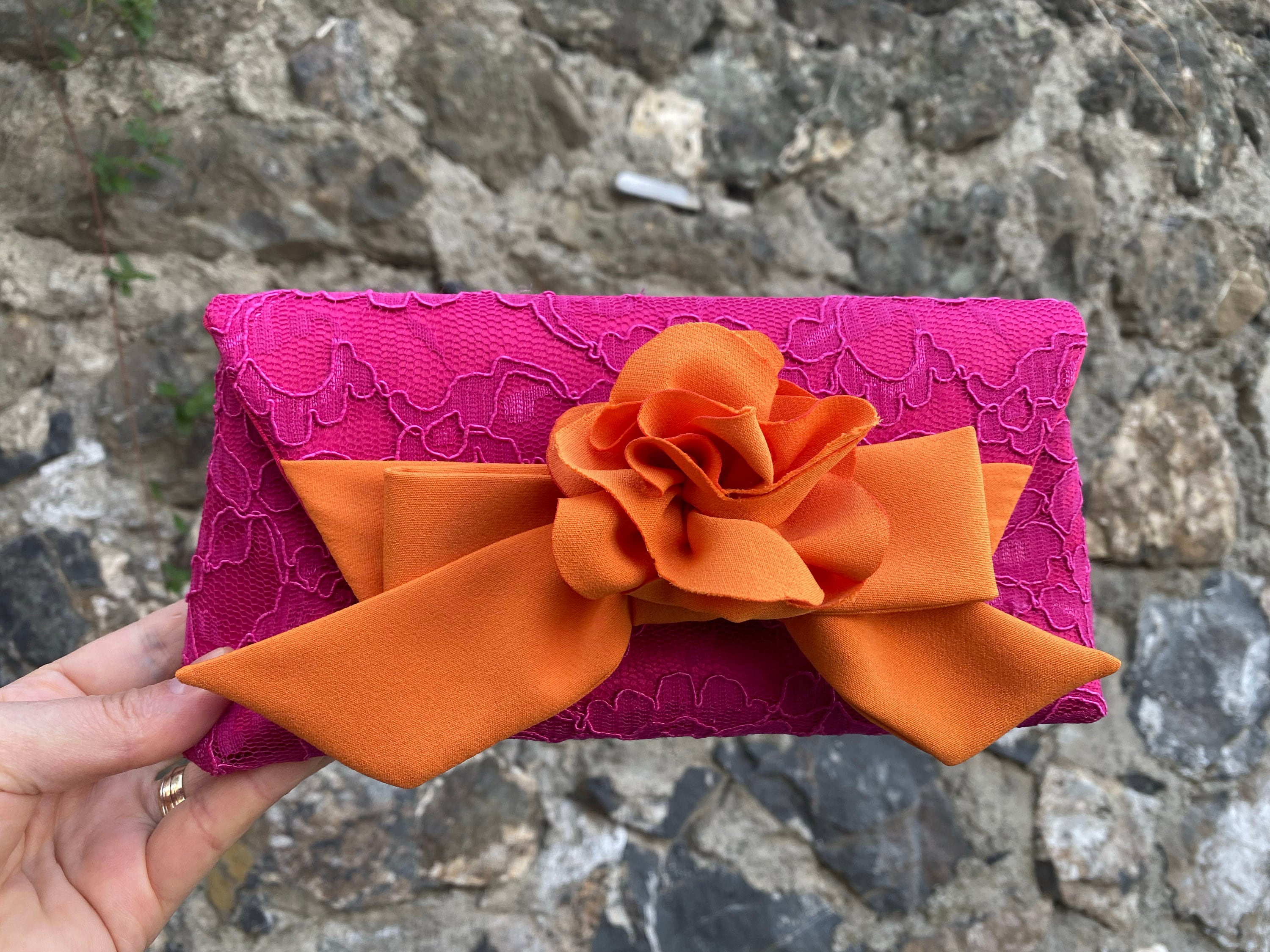 Evening Wedding Fuchsia Orange Flowered Lace Clutch Bag With Bow Occasion Fabric Clutch, Bridesmaid Gift, Envelop Clutch, Wedding Clutch