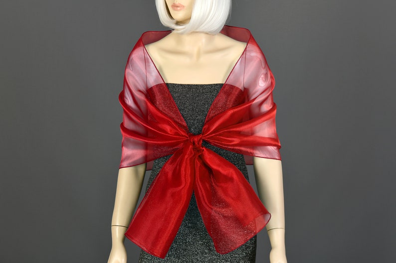 Red Organza Shawl Wrap Bolero Summer Spring Wedding, Extra Long Option Available image 2