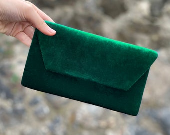 Emerald Velvet Evening Envelop Clutch Bag With Wristlet, Evening Bag, Occasion Clutch Bag, With Removable Handle, Emerald Green