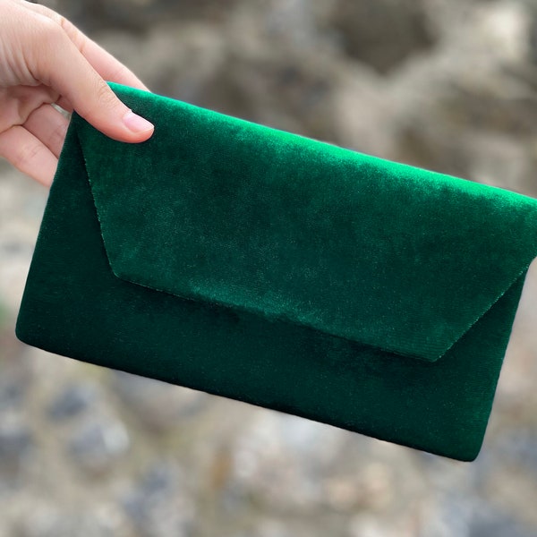 Pochette de soirée enveloppe en velours émeraude avec dragonne, Sac de soirée, Pochette de cérémonie, Avec poignée amovible, Vert émeraude