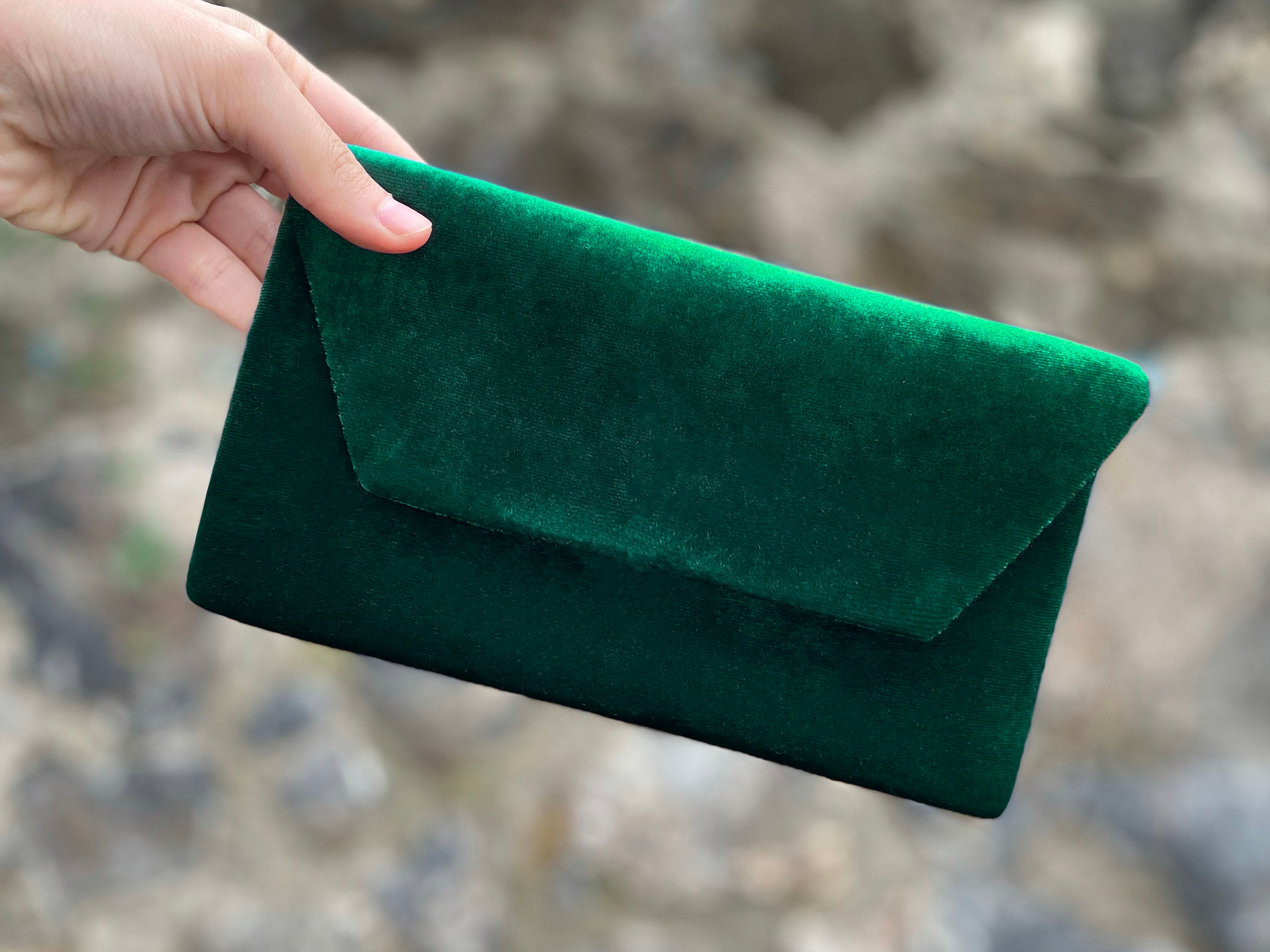 Emerald Velvet Evening Envelop Clutch Bag With Wristlet 
