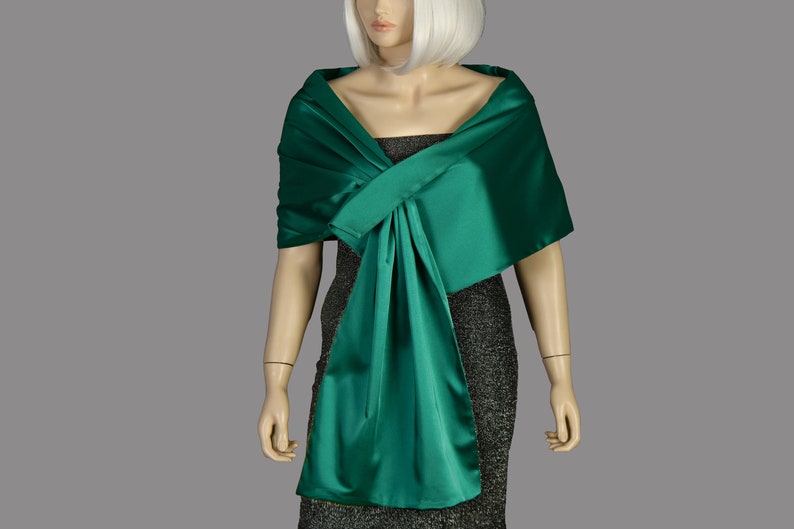 Emerald Green Satin Shawl Wrap, Stole Shawl Wrap Shrug, Formal Pull Through Dress Cover Up, Hands Free Shoulder Wrap image 3