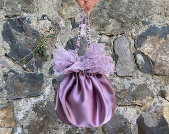 Evening Purse Bag. Wedding Victorian Shabby Chic Ivory Lace Satin Purse, Money Bag, Light Purple, Old Lilacs, Mauve
