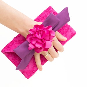 Fuchsia purple flowered bridesmaid clutch bow lace occasion clutch bridesmaid gift  envelop clutch wedding clutchEvening bag