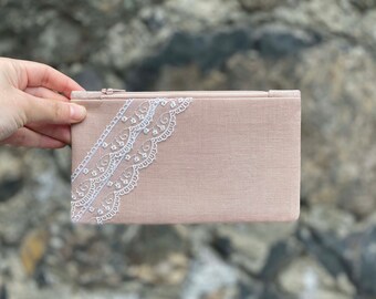 Bolso de clutch de boda rústico, bolso de clutch de lino nude, clutch de dama de honor nude, regalo de dama de honor