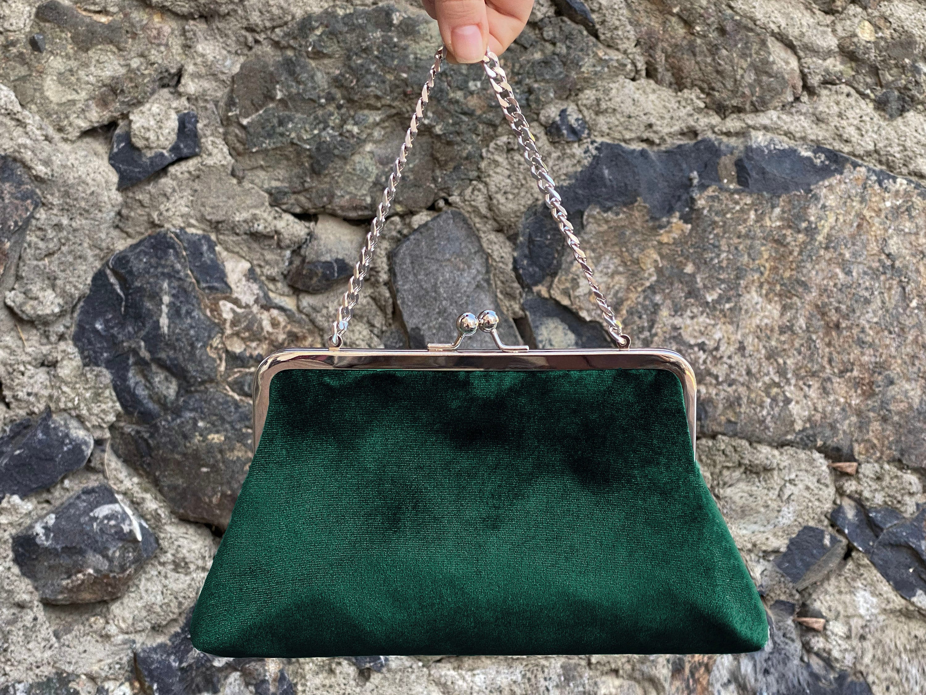 Velvet Emerald Green Clutch Purse, Bag Embroidered with Faux Diamonds, Shoulder Strap and Handle for Wedding, Evening Party and Ethnic Wear.
