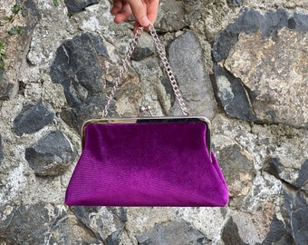 Pochette da sera in velluto, pochette da borsa con telaio Kiss Lock, con manico a catena e cornice in argento, magenta, viola viola, OPZIONE COLORE