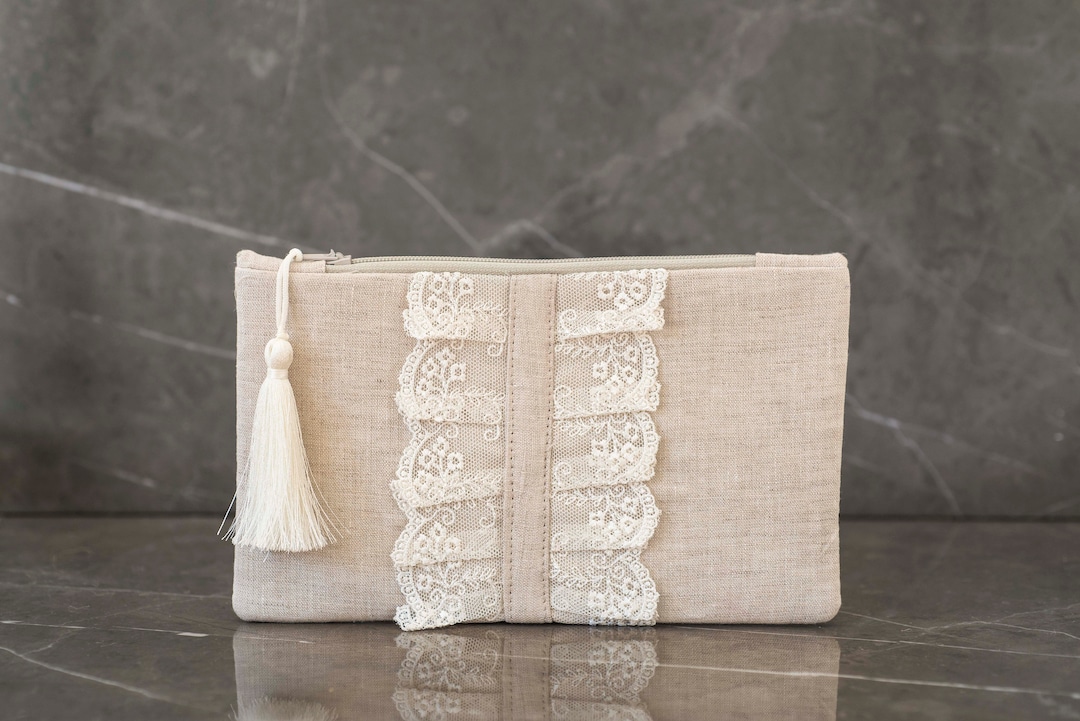 Hand-Embroidered Linen Clutch with Brass Frame main image 1