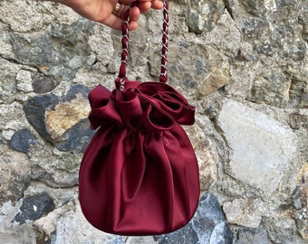 Bolso de fiesta de noche, bolso de nudo, boda de satén, bolso elegante simple, vestido de noche, opción de color borgoña