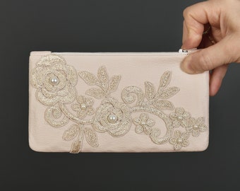 Embriodered Bridal Purse Clutch With Ivory Lace And Ivory Leather, Bridesmaid Clutches, Bridal Clutch, Bridesmaid Gift