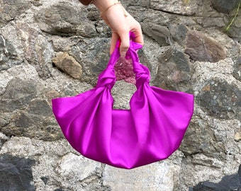 REDESIGNED- Furoshiki Satin Knot Handbag, Small Knot Bag Satin, Special Occasion Clutch Bag, Fuchsia, Hot Pink, Magenta