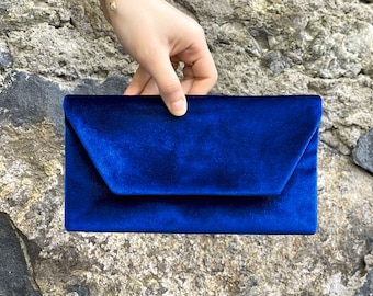 Velvet Evening Envelop Clutch Bag With Wristlet, Evening Bag, Occasion Clutch Bag, With Removable Handle, Royal Blue, Klein Blue