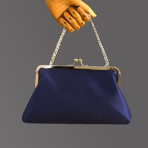 Navy Satin Evening Wedding Clutch Purse Bag With Handle.