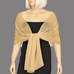 Boléro châle d&#39;été couleur or en mousseline de soie chatoyante, haussement d&#39;épaules de mariage, option extra longue disponible
