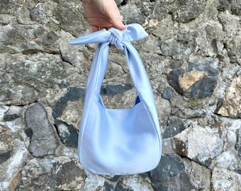 Light Blue Satin Evening and Wedding Purse Bag, Japanese Knot Bag