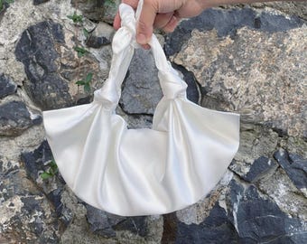 Off-White, Ivory, Wedding Purse Bag, Furoshiki Satin Knot Handbag, Evening Clutch Bag, I Small Satin Bridesmaid Gift Bags, Color Option