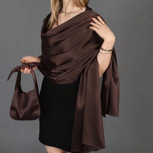 Brown Satin Shawl Wrap, Chocolate Brown Evening Wrap, Wedding Guest Shoulder Shawl