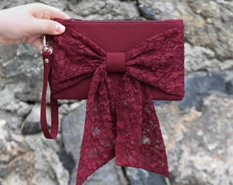 Pochette de soirée à Bordeaux avec long nœud, pochette en dentelle, cadeau de demoiselle d’honneur, cadeau de mariage, pochette zippée, avec poignée amovible