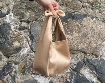 Petit sac à main de mariage en satin, pochette de mariage, sac à main de soirée, sac noeud japonais, furoshiki, champagne