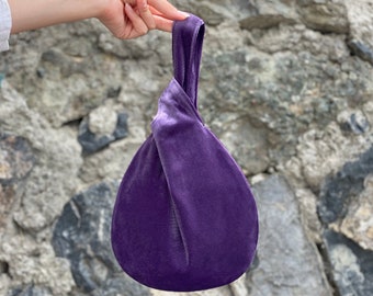 Bolso de nudo japonés bolso de terciopelo boda, bolso de fiesta, ocasión especial, bolso elegante simple, vestido de noche opción de color lilas