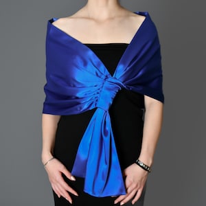 Satin  Evening Shawl Wrap Stole Shrug, Formal pull-through dress cover-up, Hands-free shoulder wrap, Klein Blue,Electric Blue, Royal Blue