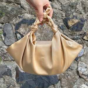 Champagne Furoshiki Small Satin Knot Handbag, Evening Scrunchy Satin Bag, Satin Japanese Knot Bag, Color Option
