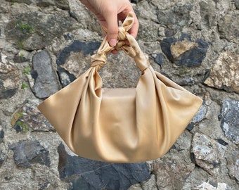 Champagne Furoshiki Small Satin Knot Handbag, Evening Scrunchy Satin Bag, Satin Japanese Knot Bag, Color Option