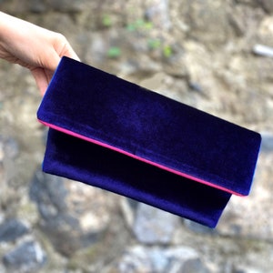 Evening Envelop Clutch Bag With Removable Wristlet Handle, Navy Blue With Fuchsia Bia Trim - Custom COLOR CHOICE available