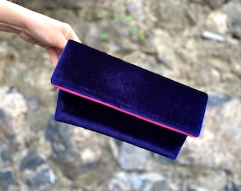 Evening Envelop Clutch Bag With Removable Wristlet Handle, Navy Blue With Fuchsia Bia Trim - Custom COLOR CHOICE available