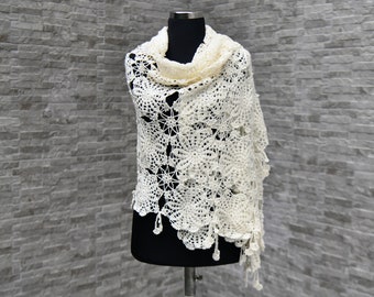 Ivory Shawl Wrap, Crochet Shawl, Lace Crochet Wrap, Bridal Wedding Shawl, Ivory