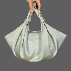 Sage Green Furoshiki Satin Knot Handbag, Green Scrunchies Clutch Bag, Small Satin Japanese Knot Bag, Color Option