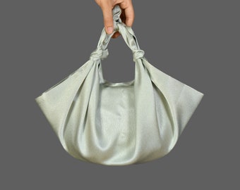 REDESIGNED- Sage Green Furoshiki Satin Knot Handbag, Scrunchies Bag,Small Satin Japanese Knot Bag, Color Option