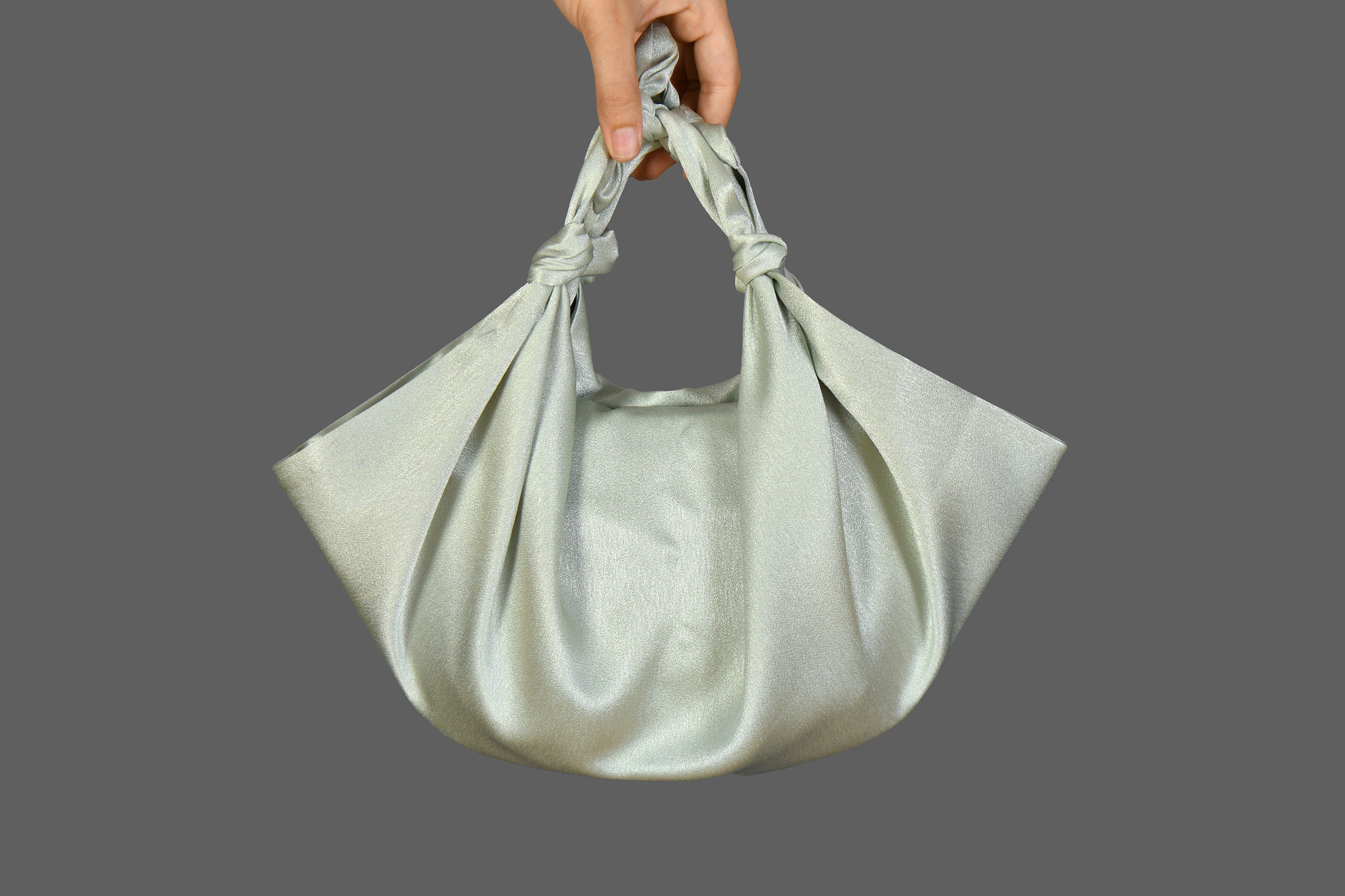 Sage Green Furoshiki Satin Knot Handbag, Green Scrunchies Clutch Bag, Small Satin Japanese Knot Bag, Color Option
