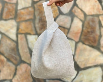 Woman Japanese Linen Knot Bag, Knot Bag, Wrist Bag, Everyday Bag, Linen Bag, Versatile Bag Many Uses, Special Occasion, Beige