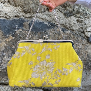 Bolso de noche amarillo, bolso de mano con marco, bolso de mano con cierre de beso extra profundo con purpurina brillante y asa, amarillo