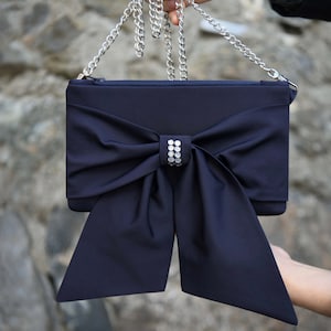 Chanel Black Leather Flower Bow Evening Clutch Pearl Chain