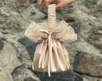 Champagne Satin Evening Purse Bag Pouch, Tan Color Wedding Clutch Bag, Money Bag,