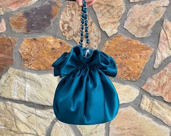Ink Blue Teal Blue Small Wedding Evening Pouch Bag, Knot Bag Purse Satin Wedding, Special Occasion, Simple Elegant Bag, Evening Dress,