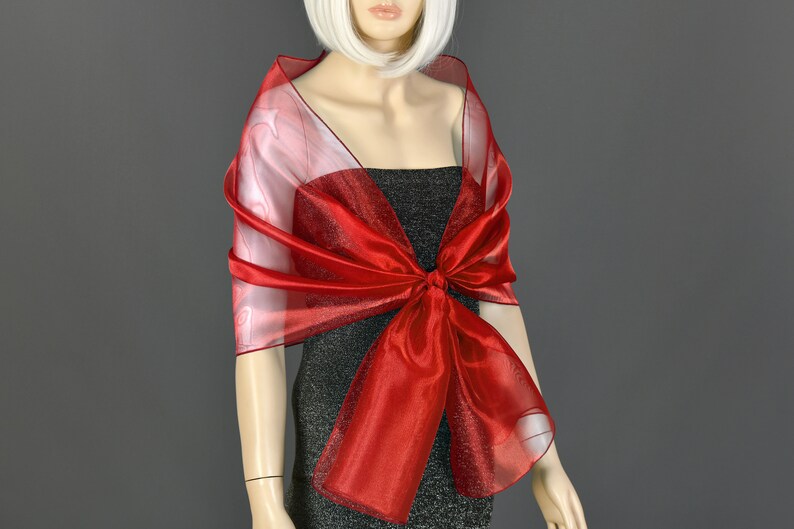 Red Organza Shawl Wrap Bolero Summer Spring Wedding, Extra Long Option Available image 3