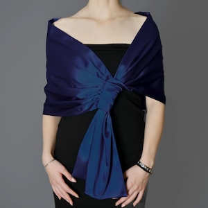 Satin  Evening Shawl Wrap Stole Shrug, Formal pull-through dress cover-up, Hands-free shoulder wrap, Navy Blue