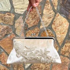 Evening Handbag Clutch Purse Bag With Guipure Embroidery, Kiss Lock frame Handbag Clutch, Handle & Silver Frame,Light Champagne Color