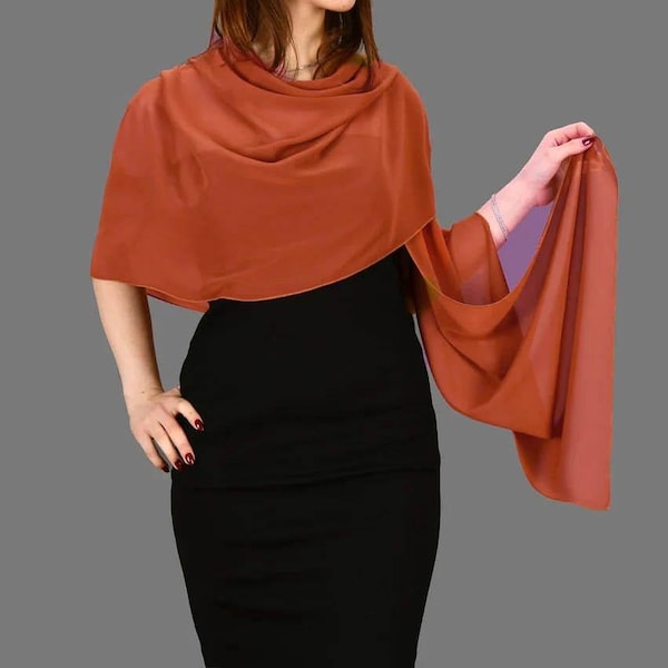 Chiffon Summer Shawl Wrap Bolero, Wedding Shrug, Extra Long Option Available, Burnt Orange, Brick Color, Terracota
