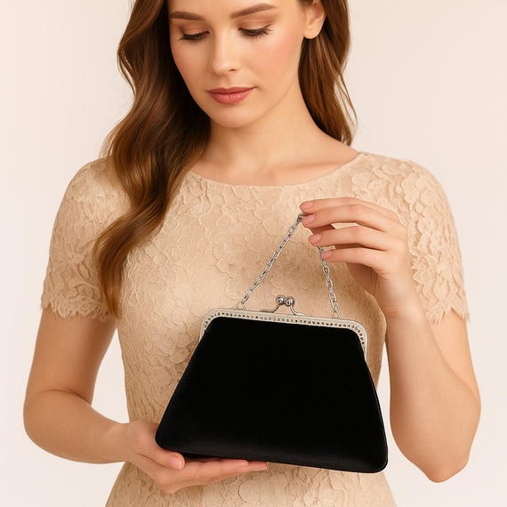 Black Velvet Kiss Clutch - Wedding Evening Formal Shoulder Purse Bag in 30+ Colors, Black, Dusty Rose, Navy, Champagne, Emerald Green, Teal Black Velvet Kiss Clutch - Wedding Evening Formal Shoulder Purse Bag in 30+ Colors, Black, Dusty Rose, Navy, Champagne, Emerald Green, Teal