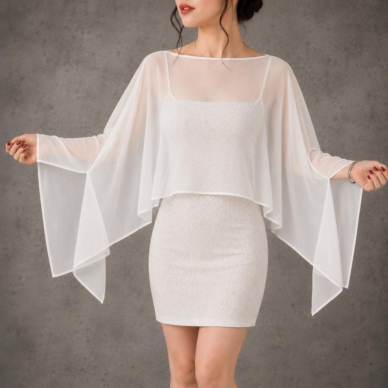 Ivory Formal Evening Chiffon Blouse – Sheer Wedding Cape , Black